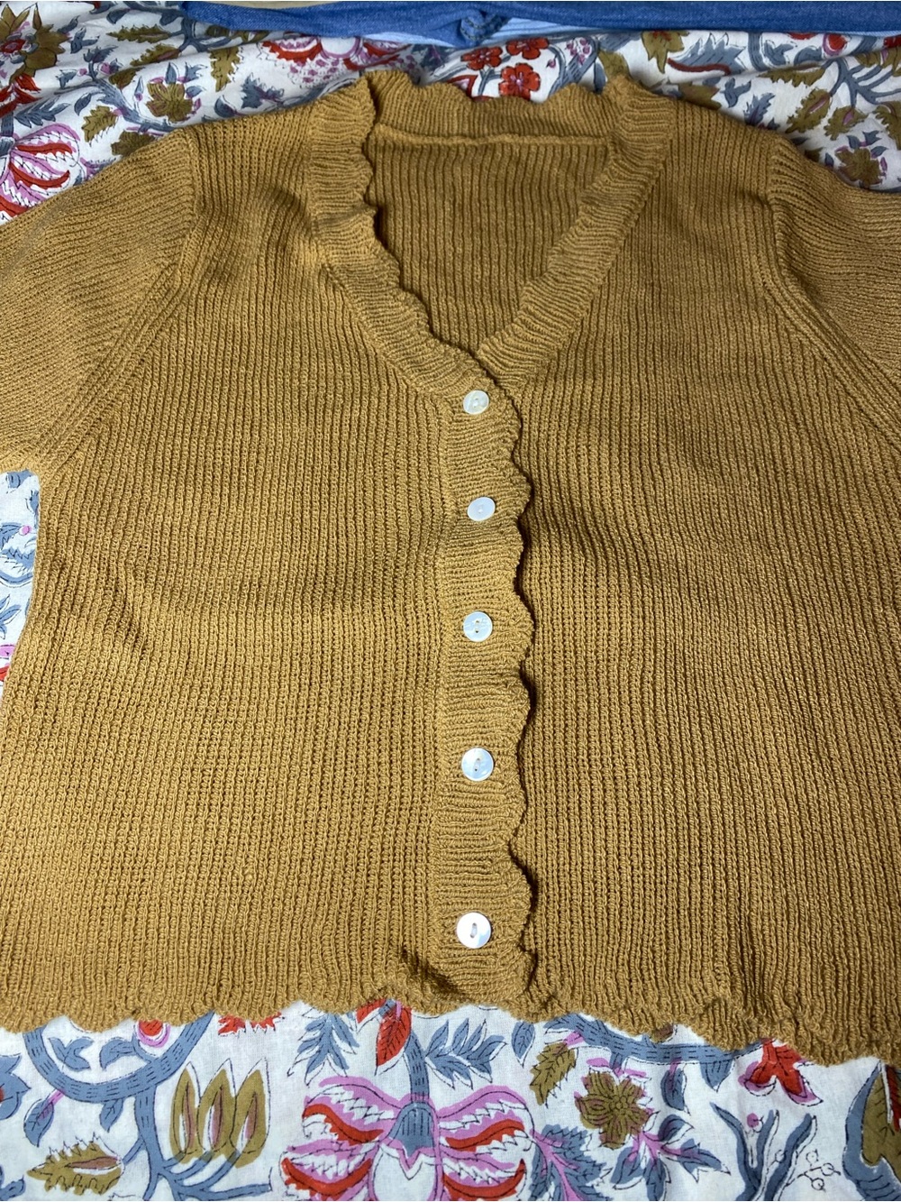 SHEIN Mustard Scallop-Edge V-Neck Button Cardigan